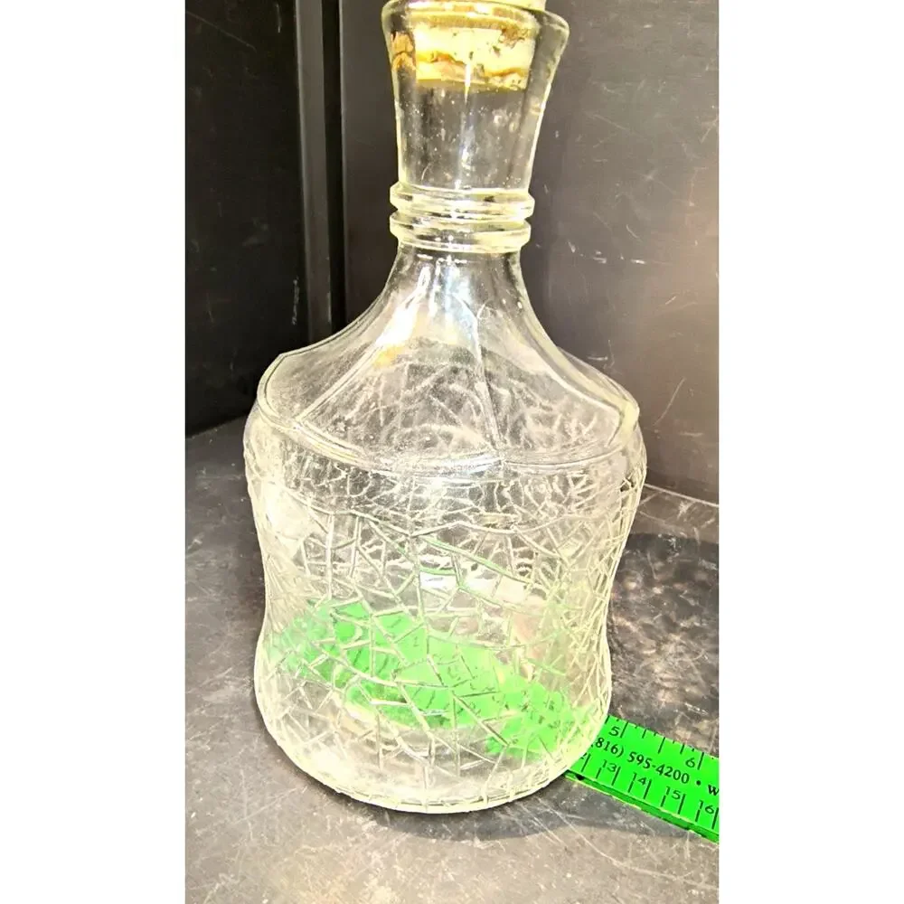 2052.  Vintage Glass Crackle Design Vinegar Bottle Cruet Corked